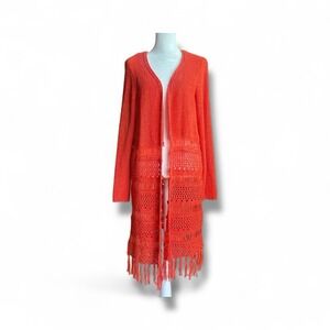 Chico's Open Knit Fringe Hem Cardigan Orange Boho Festival Crochet Layering Sz 1